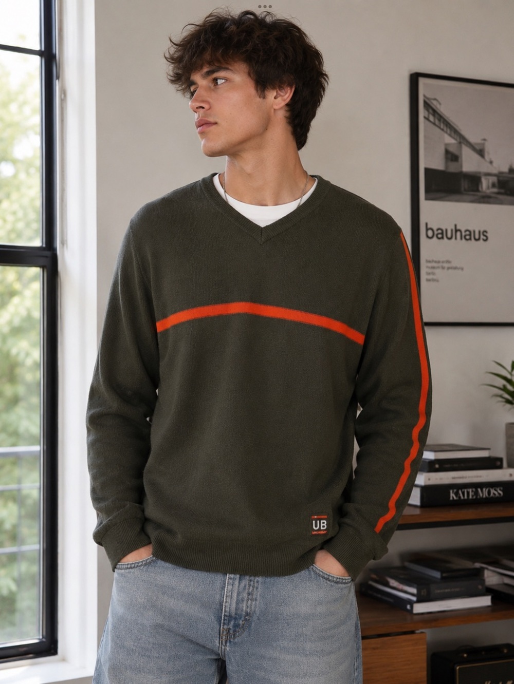 UNIONBAY Men's Vtg Y2K V-Neck Sweater in Olive with Orange Accent Dress size xlg